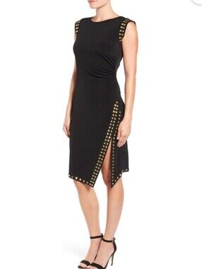 Michael KORS Plus Size Black Gold Stud-Trim Sleeveless Asymmetrical Dress
